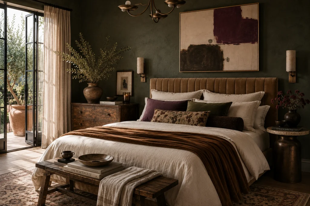 Moody modern Tuscan bedroom with deep green walls, a channel-tufted velvet headboard, and layered ivory bedding with warm rust accents. An open balcony door, rustic bench, and oversized abstract art add boutique-hotel style to this Mediterranean-inspired space.