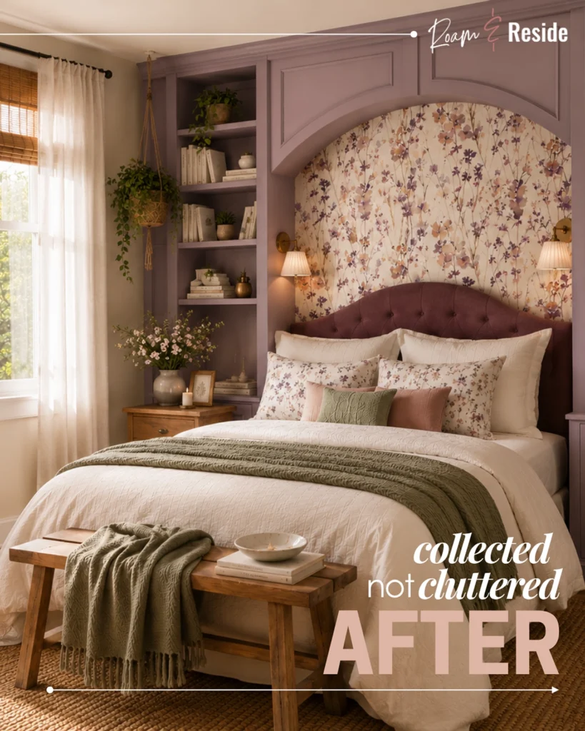 Roam & Reside “After” graphic showing a collected, not cluttered cottagecore bedroom with mauve built-ins, floral wallpaper, an upholstered headboard, and layered cream bedding with sage and blush accents. This makeover image shows how a romantic cottage bedroom can feel warm and personal while using better scale, fewer decorative objects, and more visual breathing room.