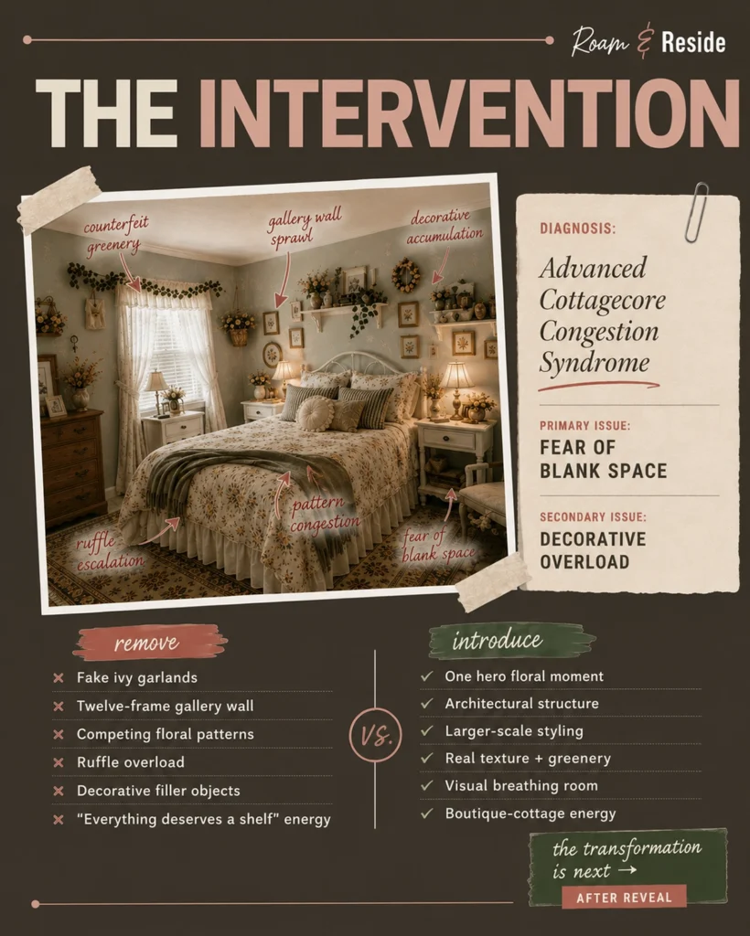 Roam & Reside “The Intervention” graphic for a cottagecore bedroom makeover, with notes calling out counterfeit greenery, gallery wall sprawl, decorative accumulation, ruffle escalation, and pattern congestion. The slide diagnoses “Advanced Cottagecore Congestion Syndrome” and outlines what to remove versus introduce for a more edited, boutique-cottage bedroom design.