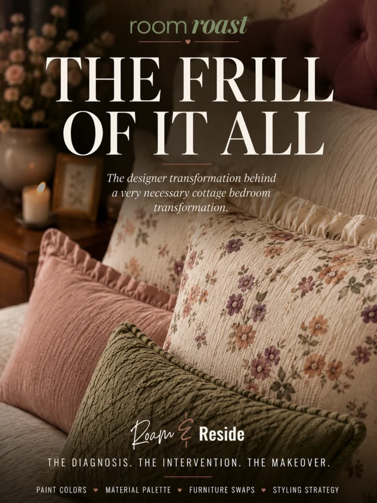Cover of the Roam & Reside lead magnet “The Frill of It All,” a Room Roast designer transformation guide for a cottage bedroom with floral bedding, ruffled pillows, and soft sage and blush accents. The free download includes the diagnosis, intervention, and makeover strategy, with paint colors, material palette, furniture swaps, and styling tips for a more edited cottagecore bedroom.