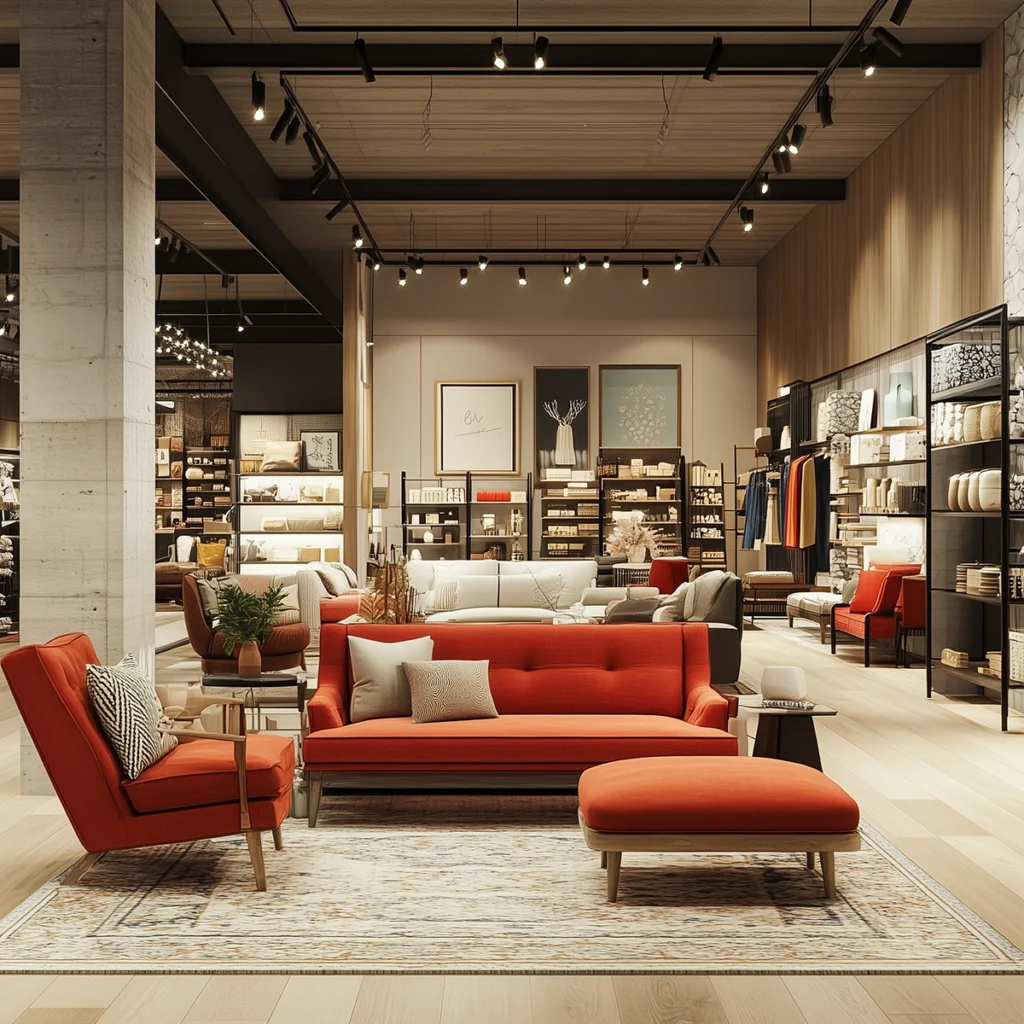 Modern furniture store showroom with a red sofa, matching lounge chair, ottoman, layered throw pillows, and styled living room displays in the background. This image shows how showroom styling can influence decorating decisions, from choosing a statement sofa to pairing throw pillows, rugs, lighting, and accessories in a cohesive living room setup.