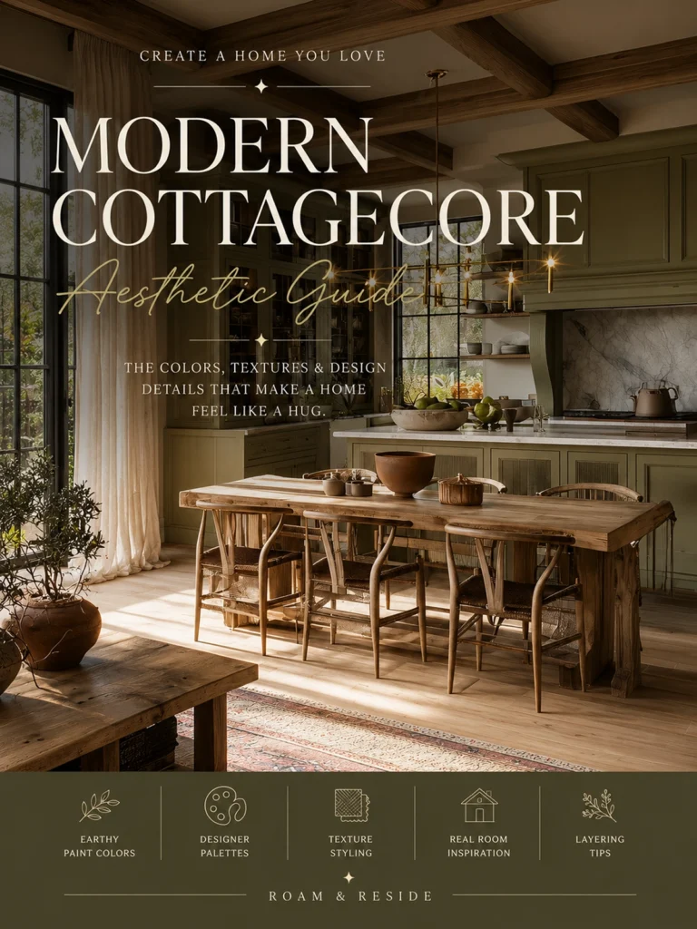 Cover of the Roam & Reside “Modern Cottagecore Aesthetic Guide,” featuring a warm cottage-inspired kitchen with sage green cabinetry, rustic wood beams, a farmhouse table, and soft natural light. The guide promises earthy paint colors, designer palettes, texture styling, real-room inspiration, and layering tips for creating a home that feels warm, collected, and beautifully lived-in.