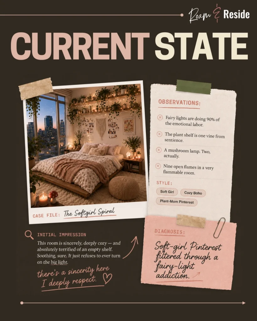 Roam & Reside “Current State” graphic for a soft girl bedroom makeover, showing a cozy but overgrown bedroom with fairy lights, trailing plants, floral bedding, candles, mushroom lamps, and layered blush decor. The slide labels the case file “The Softgirl Spiral” and diagnoses the room as soft-girl Pinterest filtered through a fairy-light addiction.