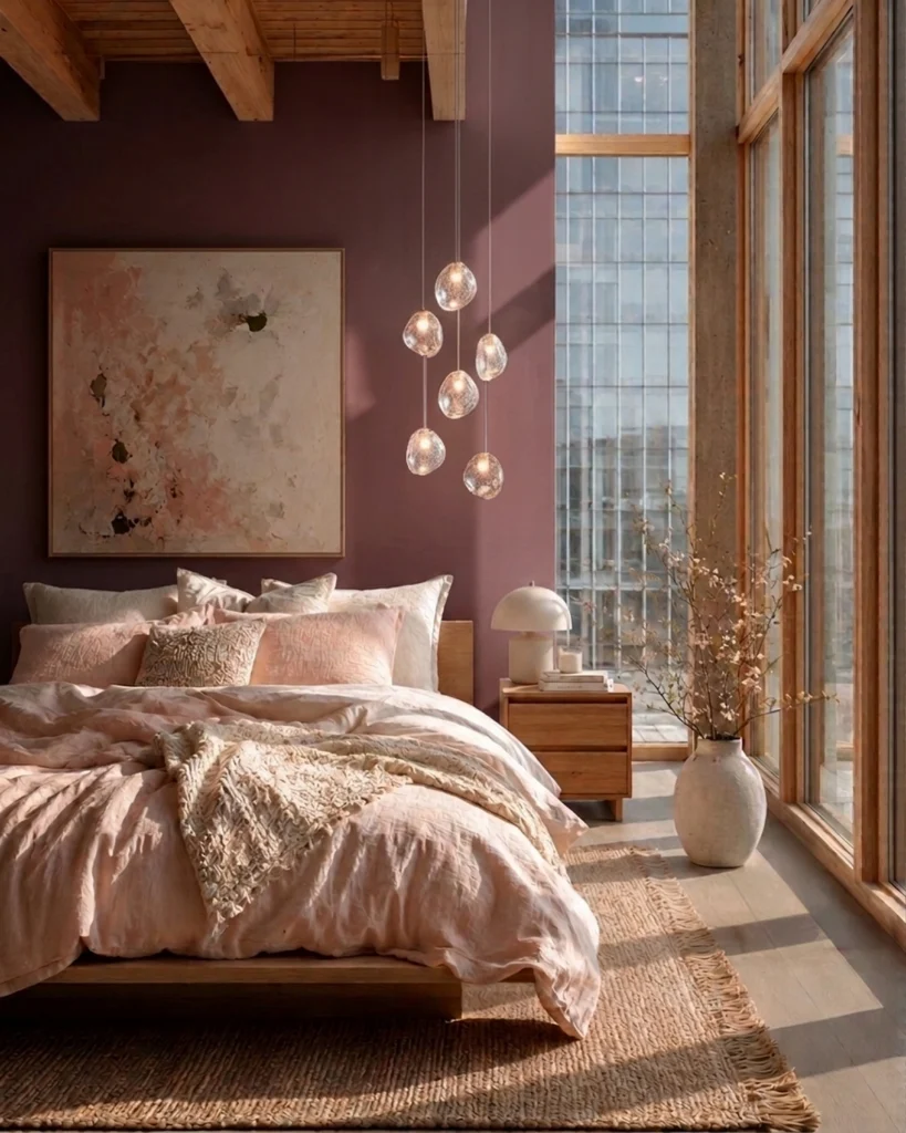 Modern soft girl bedroom with blush linen bedding, layered cream pillows, a plum accent wall, warm wood beams, and sculptural glass pendant lights. The natural wood bed, oversized abstract art, woven rug, and flowering branches create a refined feminine bedroom that feels soft, textured, and intentionally styled.