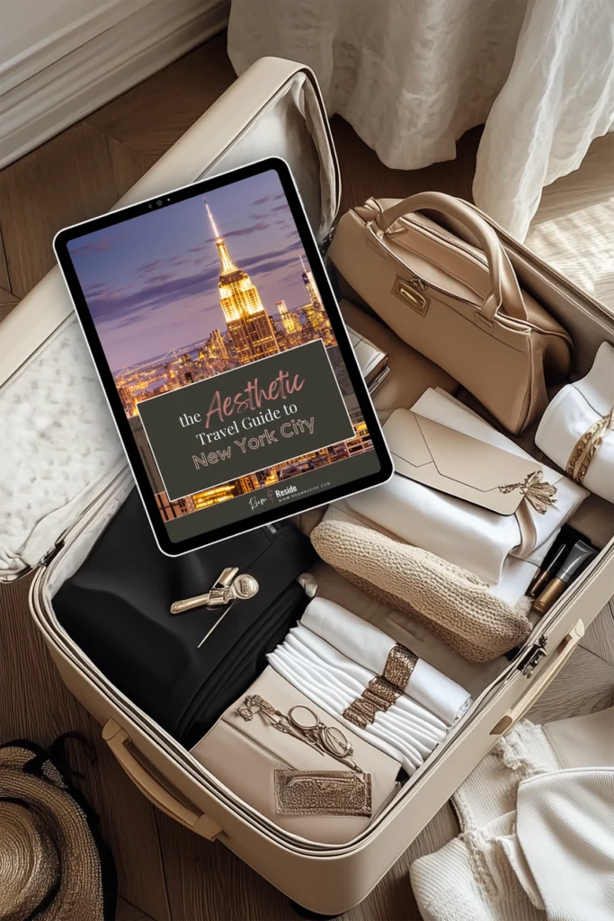 The Roam & Reside Aesthetic Travel Guide to New York City shown in an ipad sitting in a stylish open suitcase with fashionable clothes and a handbag sitting on a wooden floor.