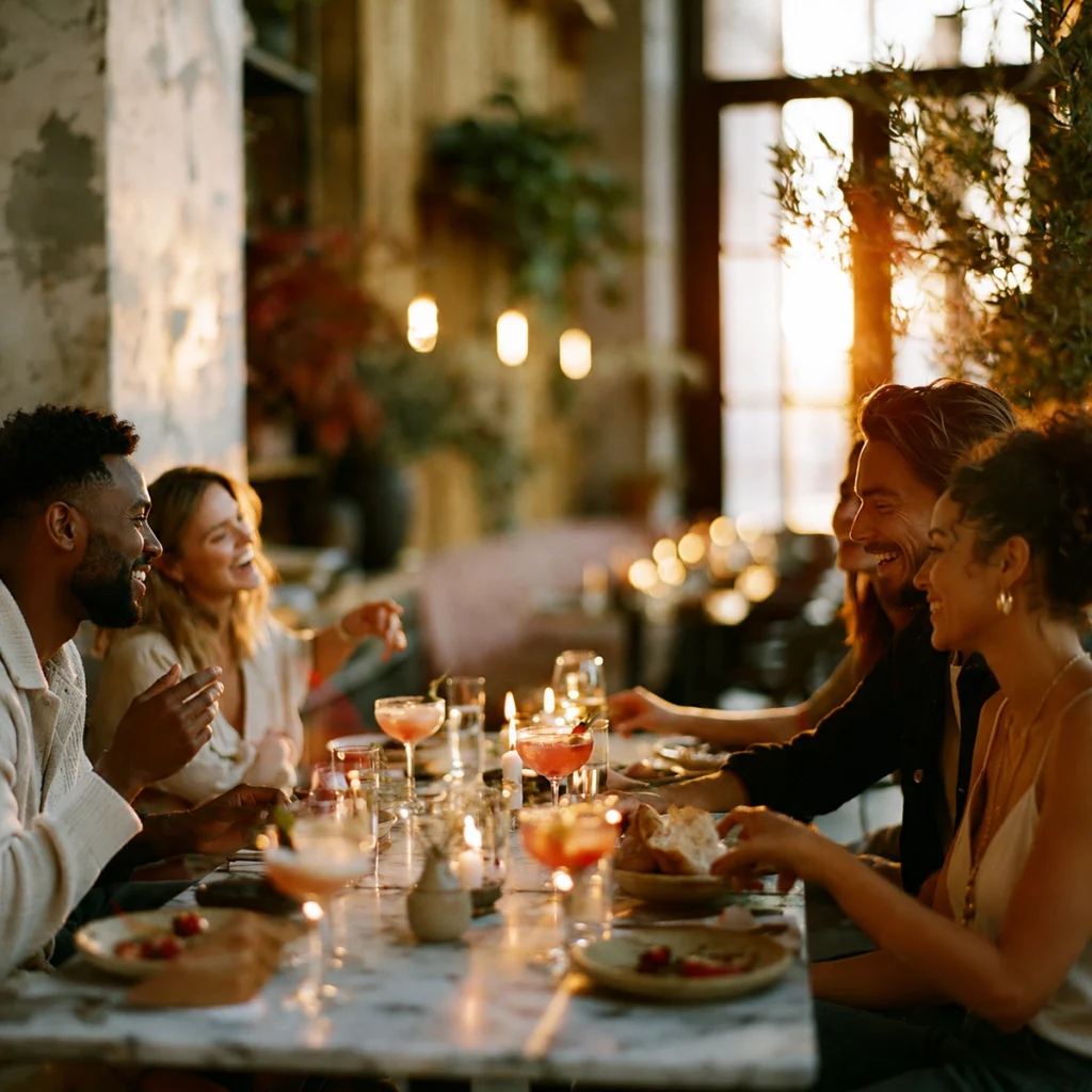 Friends laughing around a candlelit dinner table with cocktails, shared plates, and golden-hour light filtering through the room. This image captures aesthetic living as a way of noticing beauty in connection, atmosphere, food, and the small rituals that make ordinary evenings feel memorable.