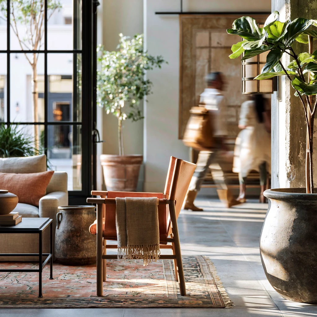 Sunlit hotel lobby with a leather lounge chair, layered textiles, potted trees, warm ceramics, and blurred guests moving through the background. This image reflects aesthetic living as the practice of noticing beauty in interiors, travel spaces, natural light, and the quiet details that make a place feel memorable.