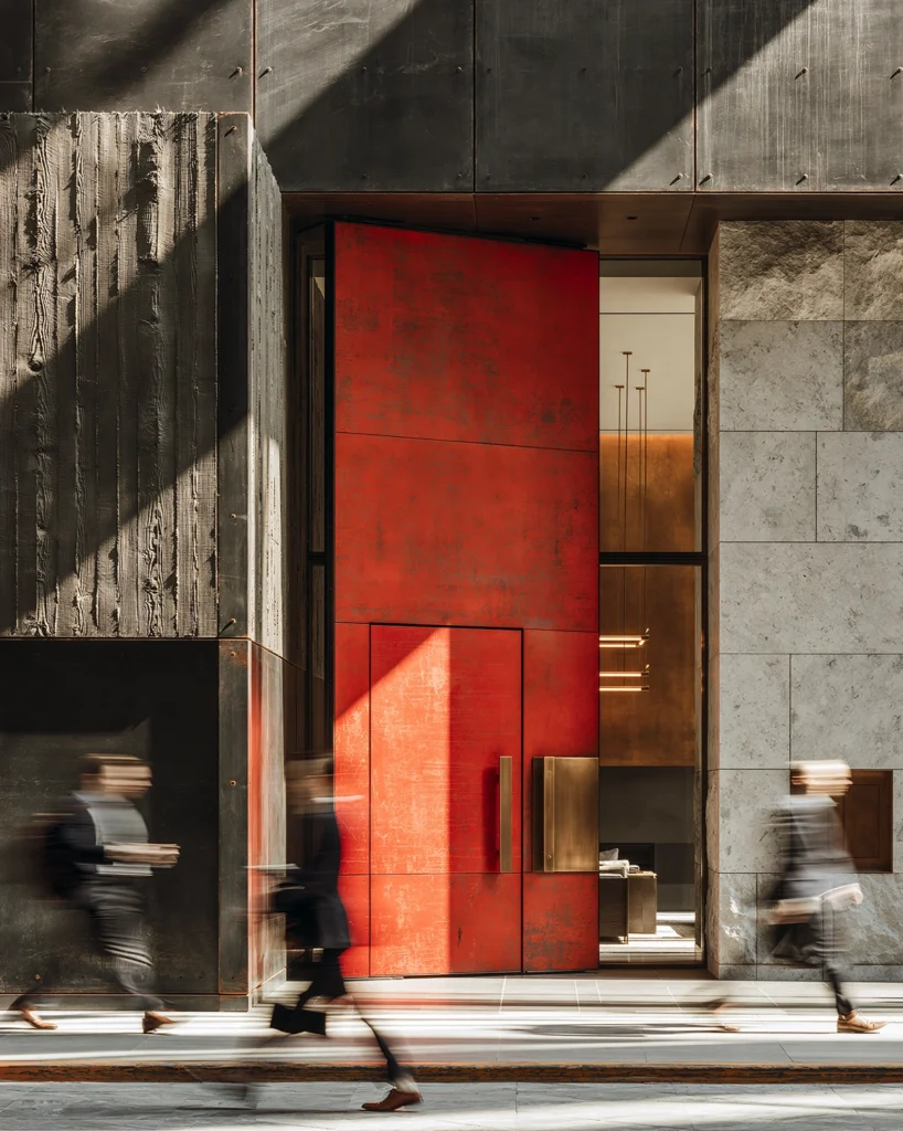 A bold red doorway catches the light on a modern city street while blurred pedestrians pass by, creating a striking moment of beauty in motion. This image reflects an aesthetic living point of view: noticing color, architecture, shadow, and atmosphere in the ordinary rhythm of a day.