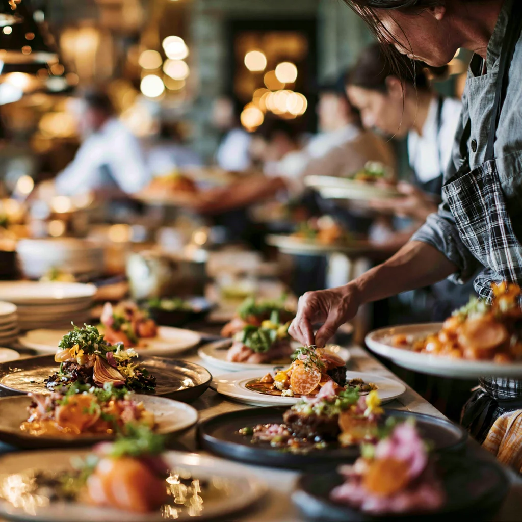 Chef plating colorful dishes in a busy restaurant kitchen, with softly blurred cooks, warm lights, and finished plates moving through service. This image captures aesthetic living through the artistry of food, craft, atmosphere, and the behind-the-scenes beauty of a memorable meal.