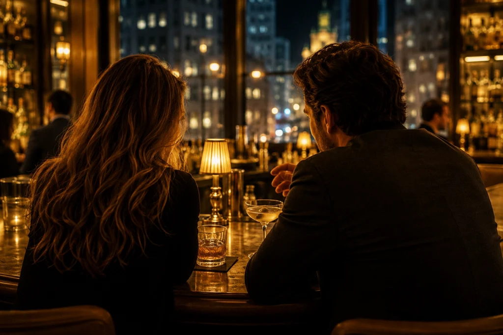 Two people sit side by side at a moody hotel bar at night, with cocktails, candlelit table lamps, and a glowing city view beyond the windows. This image illustrates a romantic “guy meets girl” moment in an aesthetic living story, where atmosphere, travel, and a beautifully designed setting shape the memory.
