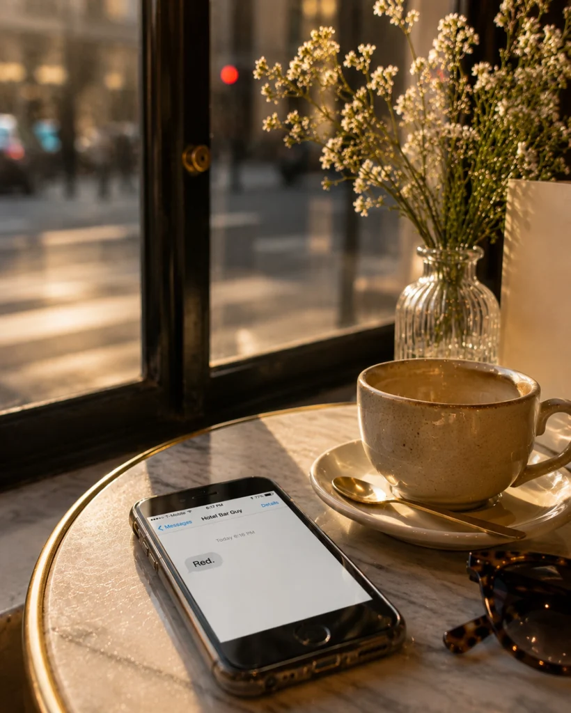A phone on a sunlit café table shows a one-word text message from “Hotel Bar Guy” that says “Red,” beside a coffee cup, flowers, and tortoiseshell sunglasses. This image captures a quiet narrative moment in an aesthetic living story, where a simple message becomes part of the memory, mood, and mystery.