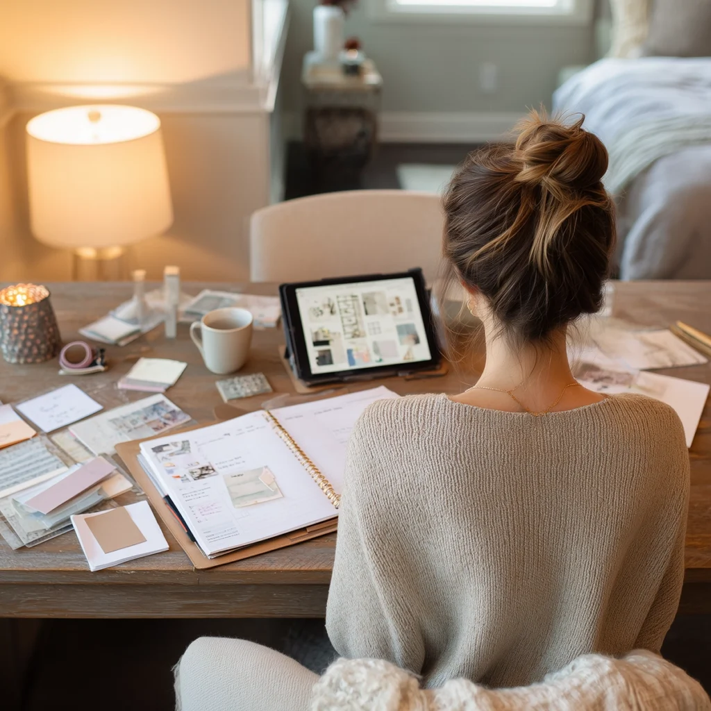 Woman sitting at a desk planning her interior design style with a digital mood board, open design notebook, paint samples, fabric swatches, and inspiration images. This image shows the process of organizing ideas, colors, and materials into a clear design direction before decorating a bedroom or home.