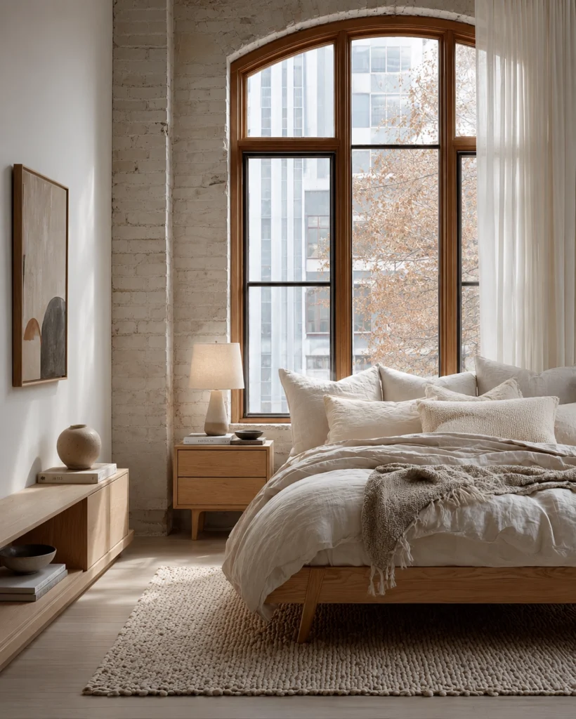 Minimalist bedroom with layered white bedding, natural wood furniture, textured rug, exposed brick, and a tall arched window framed by soft curtains. The quiet neutral palette, organic textures, and uncluttered styling create a calm bedroom design that feels warm, airy, and intentionally simple.