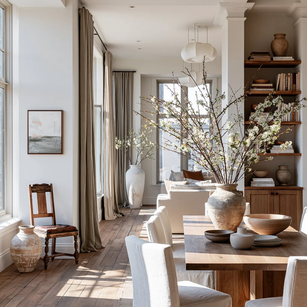 Modern organic interior with natural wood floors, a rustic dining table, neutral upholstered chairs, oversized ceramic vessels, and flowering branches styled in soft natural light. This image shows how to choose an interior design style rooted in warm minimalism, layered texture, earthy materials, and calm, collected details.
