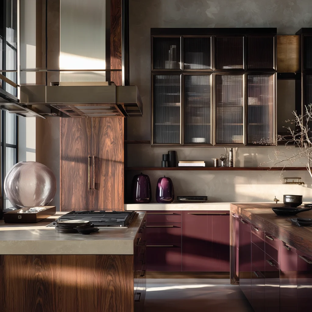 Moody modern kitchen with glossy plum lower cabinets, rich walnut wood panels, ribbed glass-front upper cabinets, and a pale stone countertop. The layered materials, dramatic shadows, brass hardware, and sculptural styling create a refined kitchen design with depth, warmth, and a grown-up romantic aesthetic.
