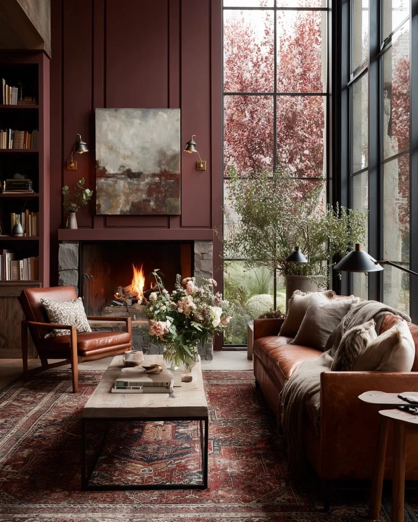 Moody romantic living room with deep plum paneled walls, a lit fireplace, cognac leather seating, oversized abstract art, and a richly patterned vintage-style rug. Tall black-framed windows, layered textiles, bookshelves, and fresh flowers create a warm, collected interior that feels dramatic, refined, and deeply inviting.