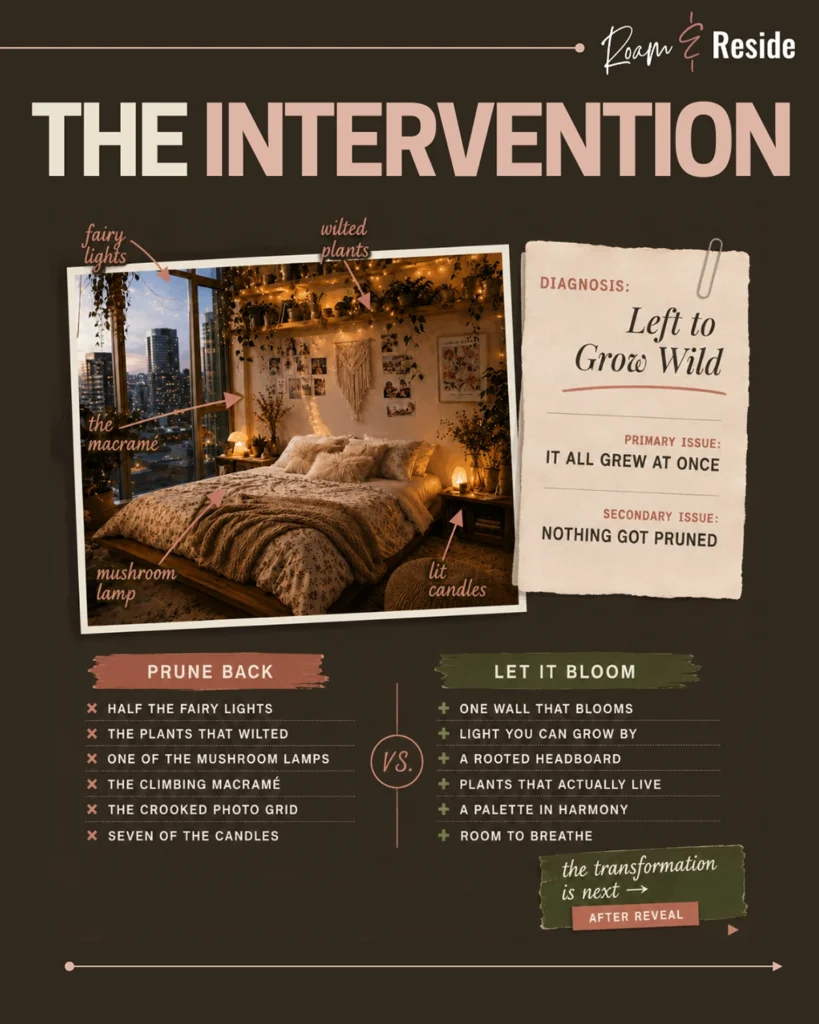 Roam & Reside “The Intervention” graphic for a soft girl bedroom makeover, showing an overgrown bedroom marked up with notes about fairy lights, wilted plants, macramé, mushroom lamps, and lit candles. The slide diagnoses the room as “Left to Grow Wild” and outlines what to prune back versus let bloom for a calmer, more refined soft girl aesthetic with better lighting, a cohesive palette, and room to breathe.
