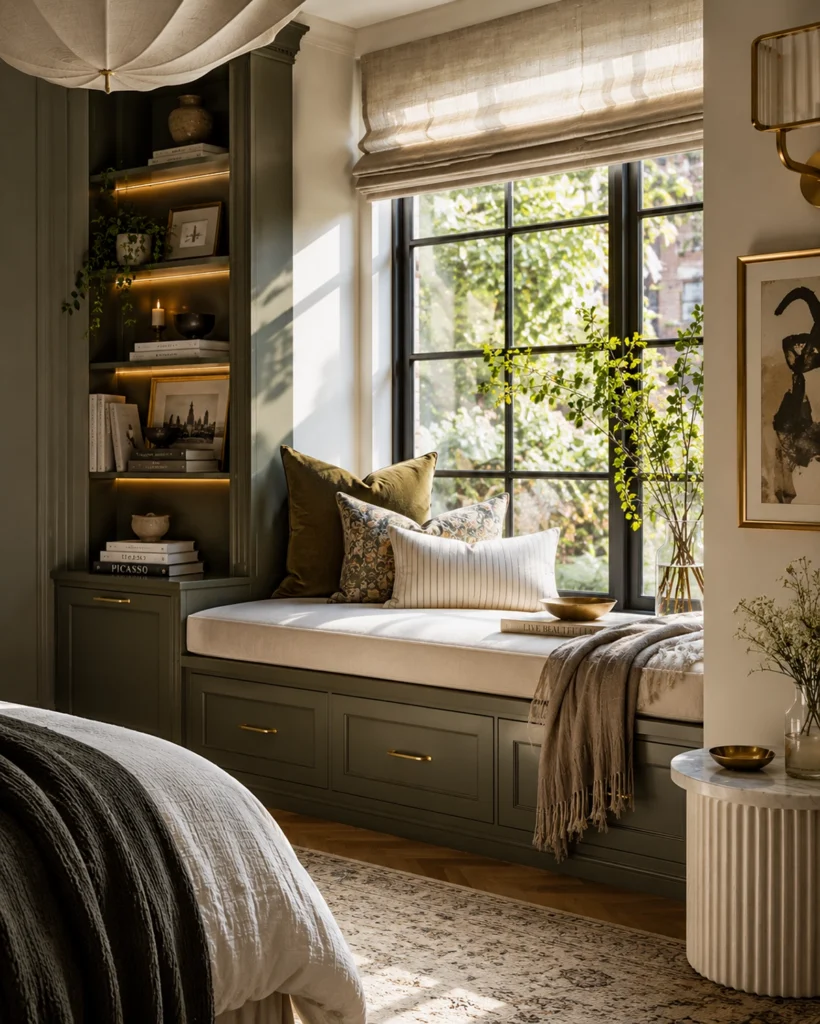 Bedroom window seat with built-in drawer storage, olive green shelving, layered pillows, and a linen Roman shade, creating a refined window seat bedroom space saving idea. The custom bench turns an unused wall into a cozy reading nook with hidden storage, display shelves, and extra seating for a small bedroom or primary suite.