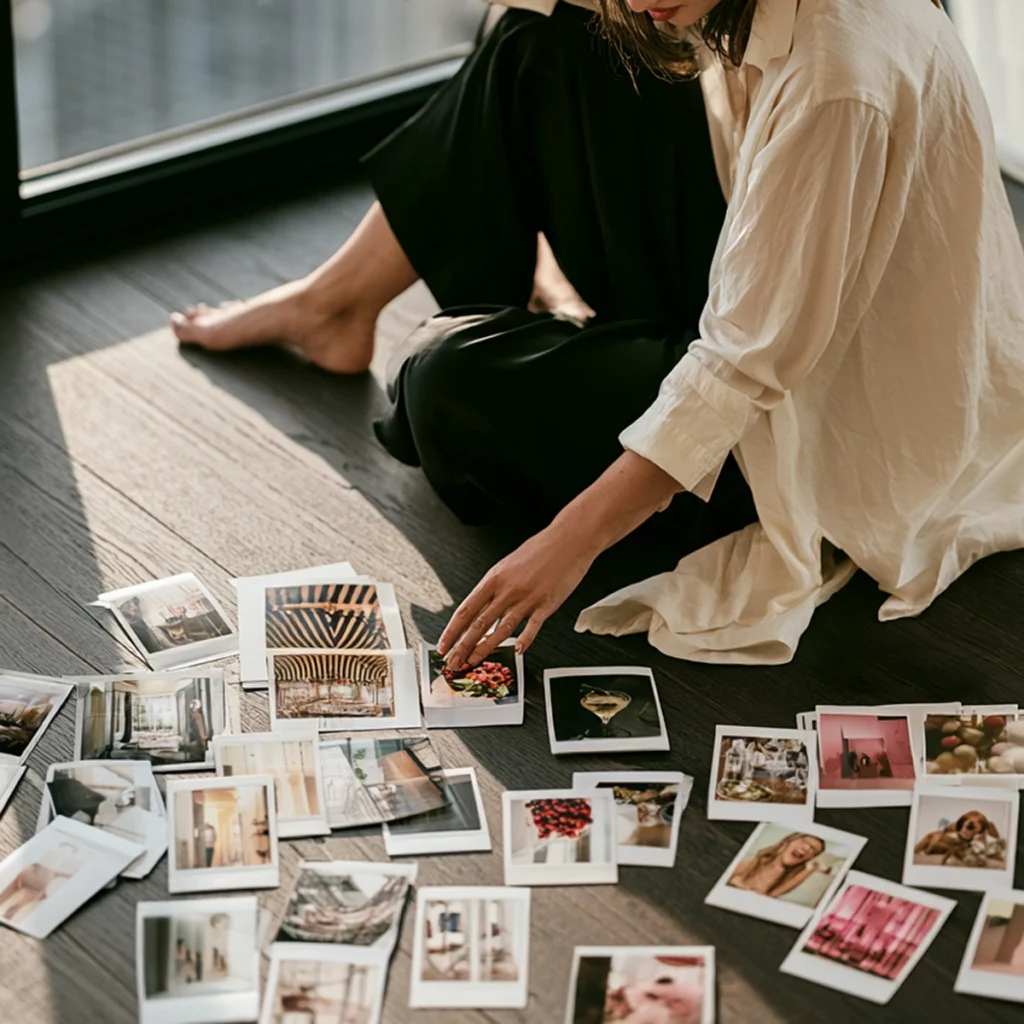 Person sitting on the floor beside a window, arranging printed photos of interiors, food, fashion, travel, flowers, and portraits in soft natural light. The image shows a casual photo inspiration collage spread across a rug and dark wood floor, with neutral clothing, window shadows, and a quiet creative workspace.