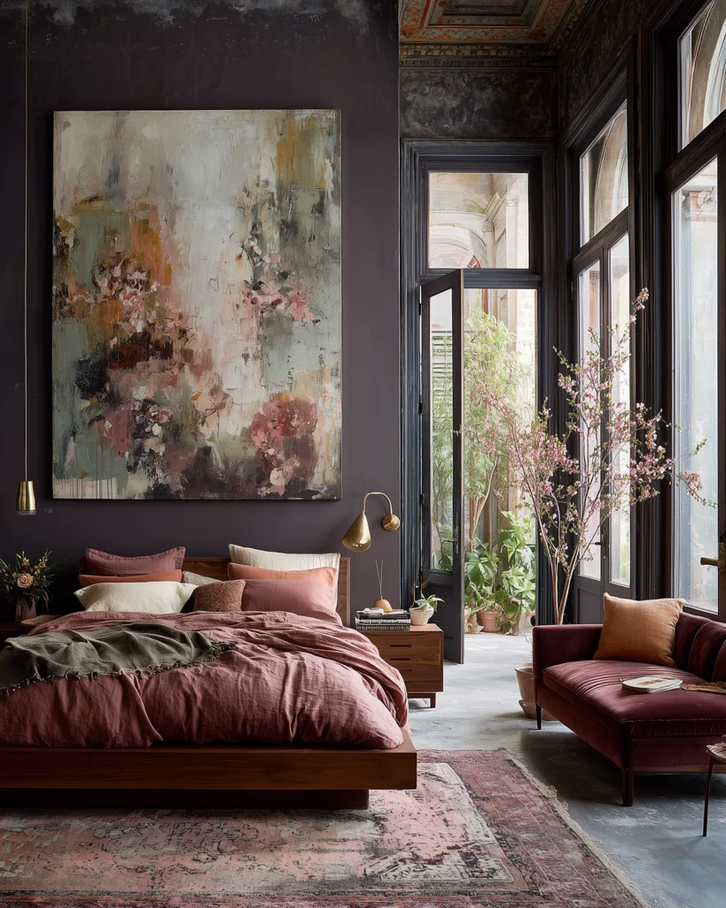 Dark cottagecore bedroom with deep plum walls, blush linen bedding, oversized abstract floral art, a burgundy velvet chaise, and tall black-framed doors opening to greenery. The layered textiles, vintage-style rug, warm wood bed, and flowering branches create a romantic bedroom design that feels moody, collected, and quietly dramatic.