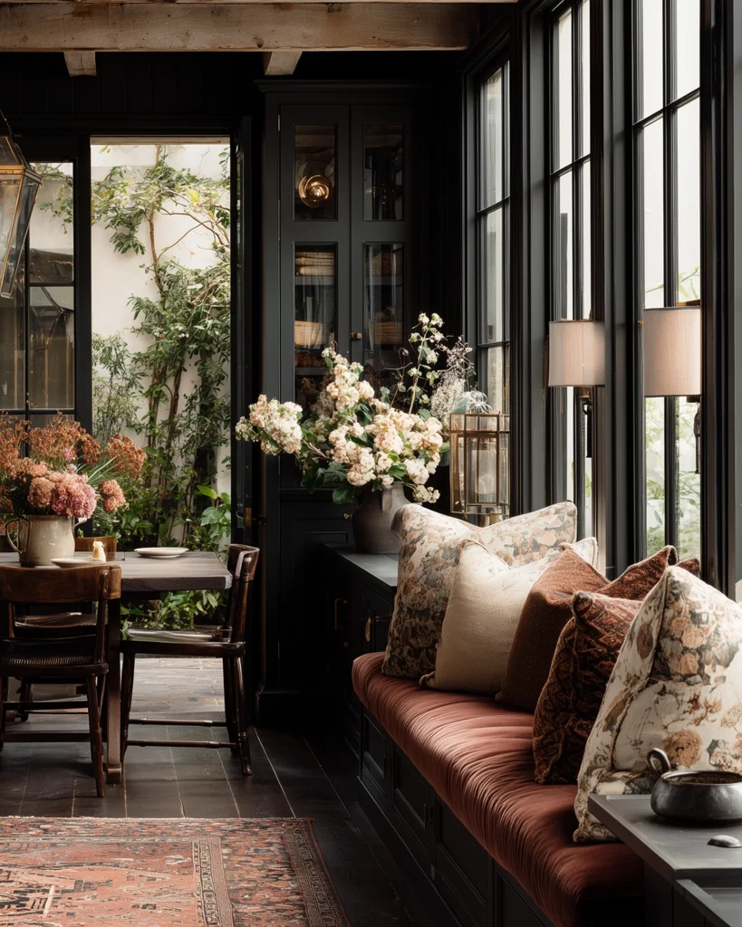 Dark cottagecore dining nook with a rust velvet window seat, layered floral pillows, black-framed windows, dark cabinetry, and a small dining table opening toward a leafy garden courtyard. The vintage-style rug, moody wood tones, gathered flowers, and soft natural light create an intimate cottagecore space that feels romantic, collected, and quietly atmospheric.