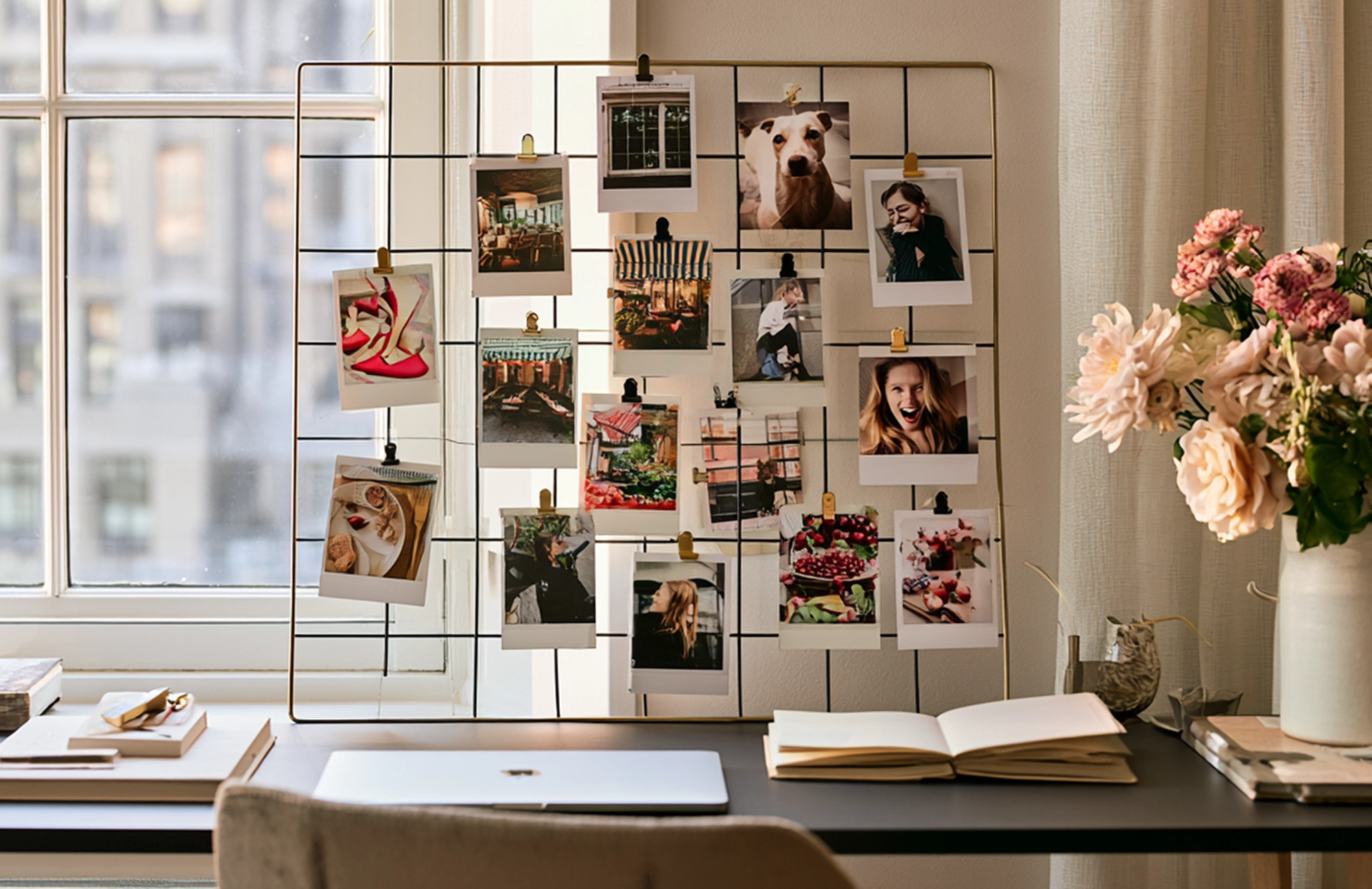 Sunlit desk with a laptop, open notebook, fresh flowers, and a wire photo grid clipped with images of interiors, food, fashion, travel, and portraits. Large windows, neutral curtains, stacked books, and a ceramic vase create a bright workspace styled for collecting visual inspiration.