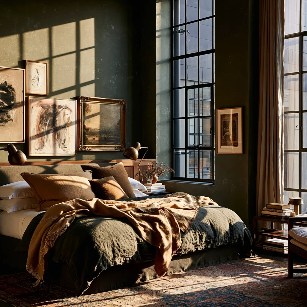 Bedroom with deep green walls, layered bedding, warm textiles, tall black-framed windows, and dramatic sunlight casting windowpane shadows across the bed and vintage-style rug. This image illustrates how neuroaesthetics in interior design can use natural light, color, texture, and visual warmth to create a space that feels grounded, restorative, and emotionally calming.