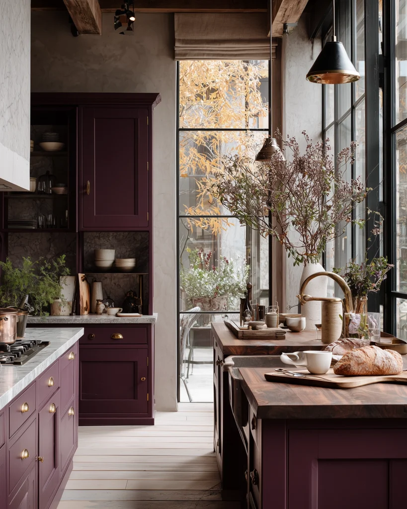 Kitchen with deep plum cabinets, marble countertops, brass hardware, warm wood surfaces, tall black-framed windows, and soft natural light filtering through autumn foliage. There's fresh bread on the counter and botanical arrangements that make the space feel welcoming and cozy.