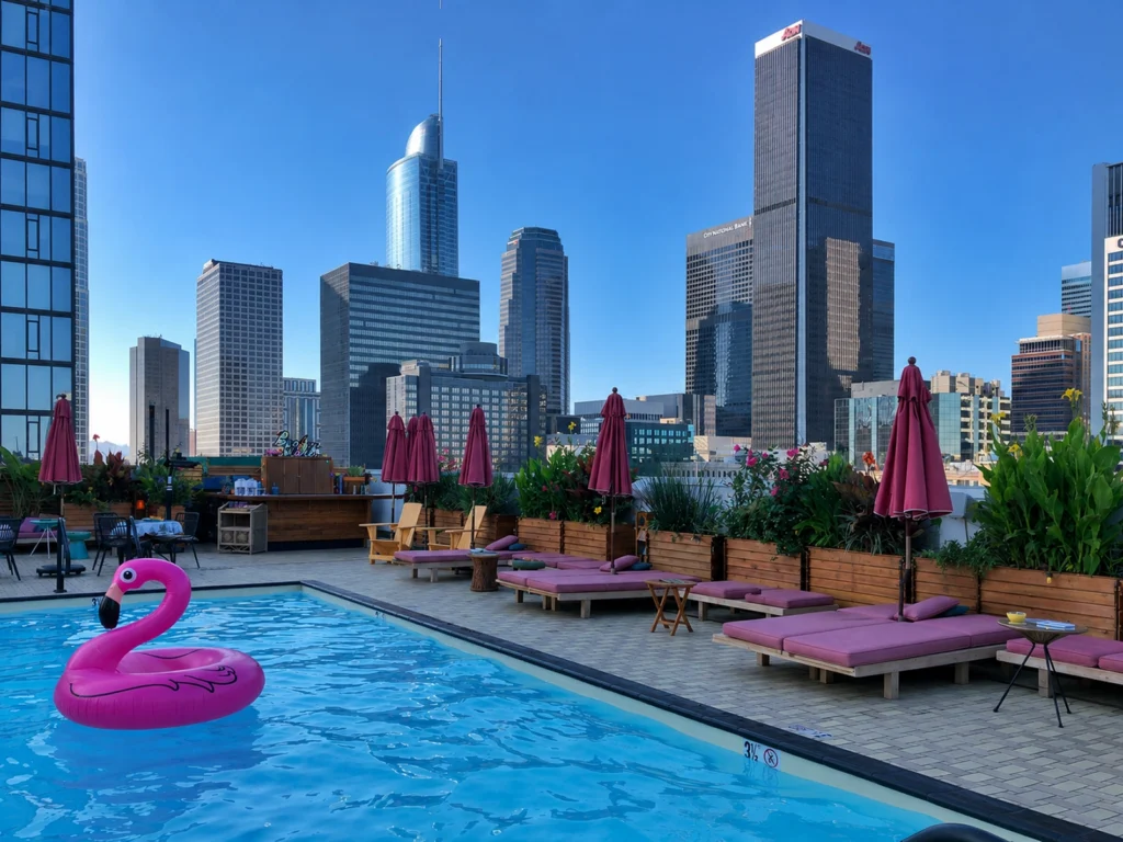 Freehand rooftop bar in Los Angeles with a bright blue pool, pink flamingo float, pink lounge chairs, umbrellas, and guests relaxing beside the water. The downtown Los Angeles skyline rises behind the rooftop pool deck, creating a playful city-view scene on a clear sunny day.