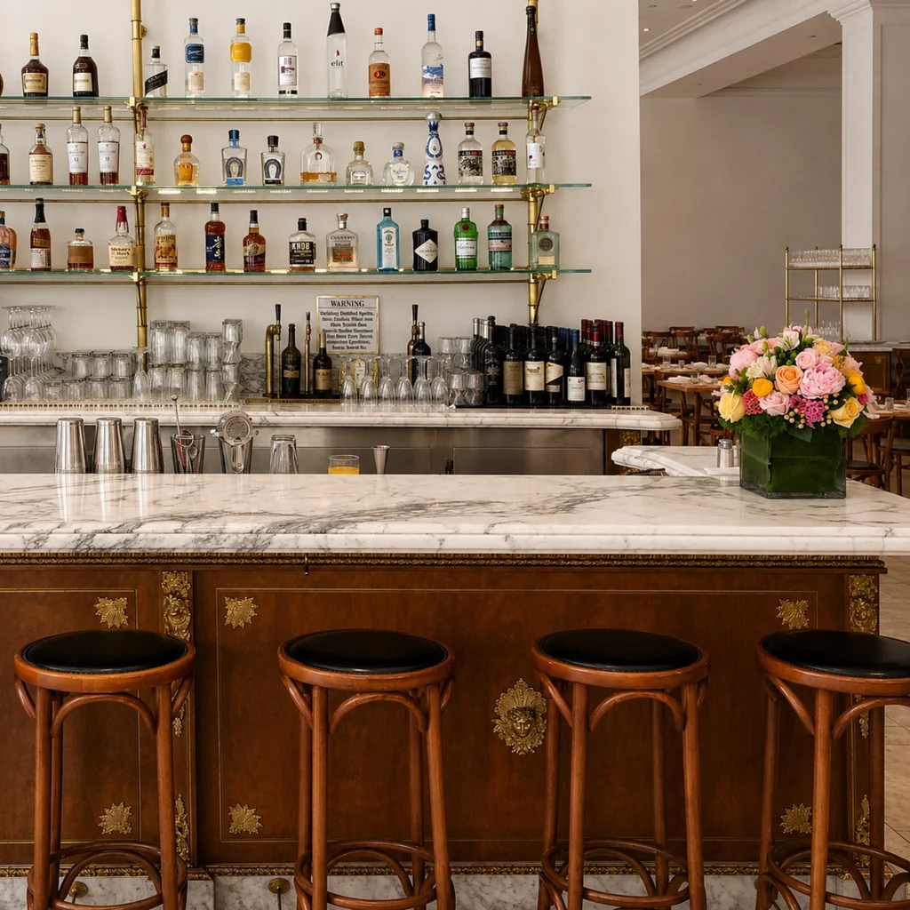 Marble bar at Bottega Louie in Los Angeles with glass shelves of liquor bottles, rows of glassware, wine bottles, brass hardware, and wood bar stools with black seats. A colorful floral arrangement with pink, yellow, orange, and white flowers sits on the marble counter beside the open dining room.