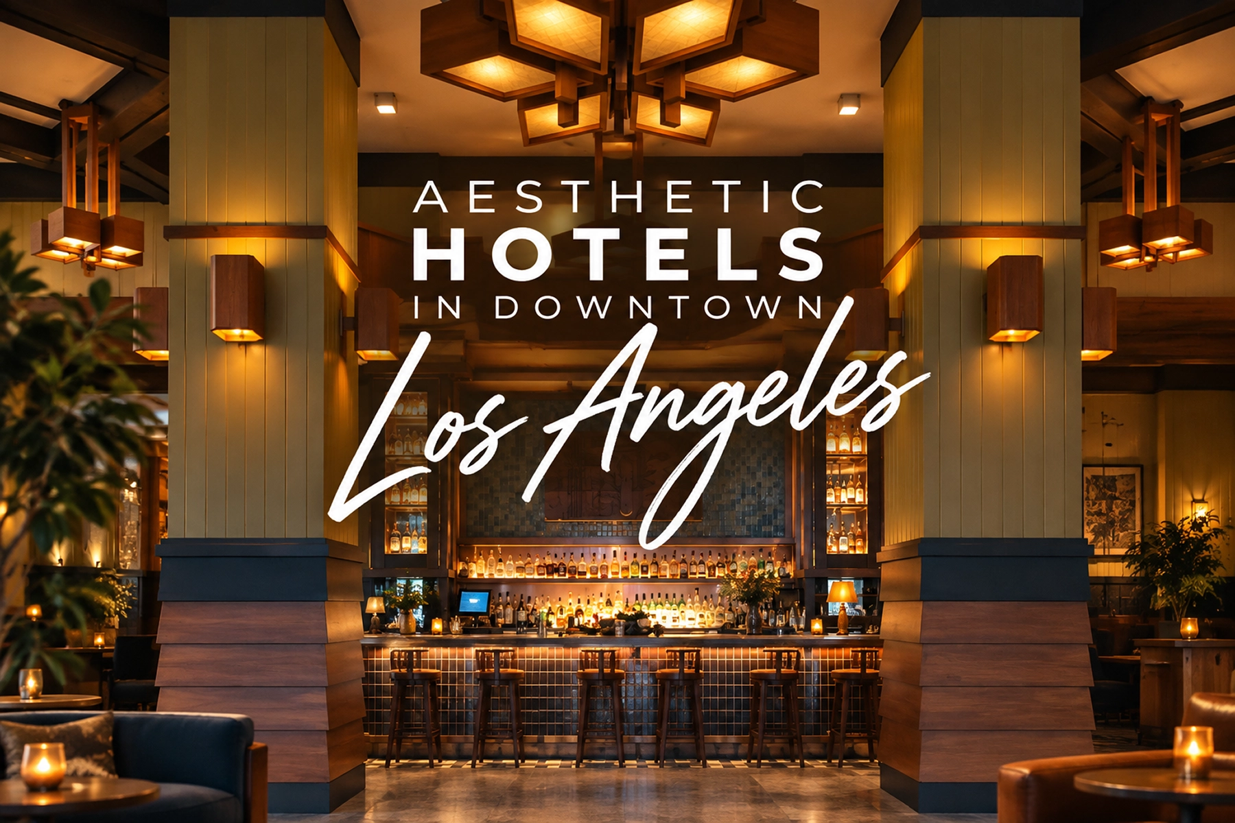 Cover graphic for an aesthetic hotels in downtown Los Angeles post, shown over the warm lobby bar at Freehand Hotel with tall columns, wood paneling, candlelit tables, and a glowing back bar. Large text on the image reads “Aesthetic Hotels in Downtown Los Angeles.”