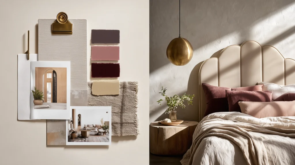 Split image showing a bedroom interior design mood board with fabric swatches, neutral textures, blush and burgundy color samples, and inspiration photos beside a finished bedroom design. The room features a scalloped upholstered headboard, layered cream bedding, blush pillows, a brass pendant light, and warm natural sunlight, illustrating how an interior design style quiz can help translate inspiration into a cohesive home style.