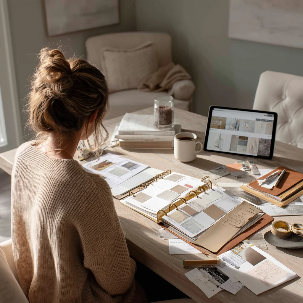 Woman working at a dining table with interior design mood boards, fabric swatches, sketches, binders, and a tablet showing room inspiration images. The soft neutral workspace supports a blog post about using an interior design style quiz to clarify your home style instead of relying only on scattered Pinterest ideas.