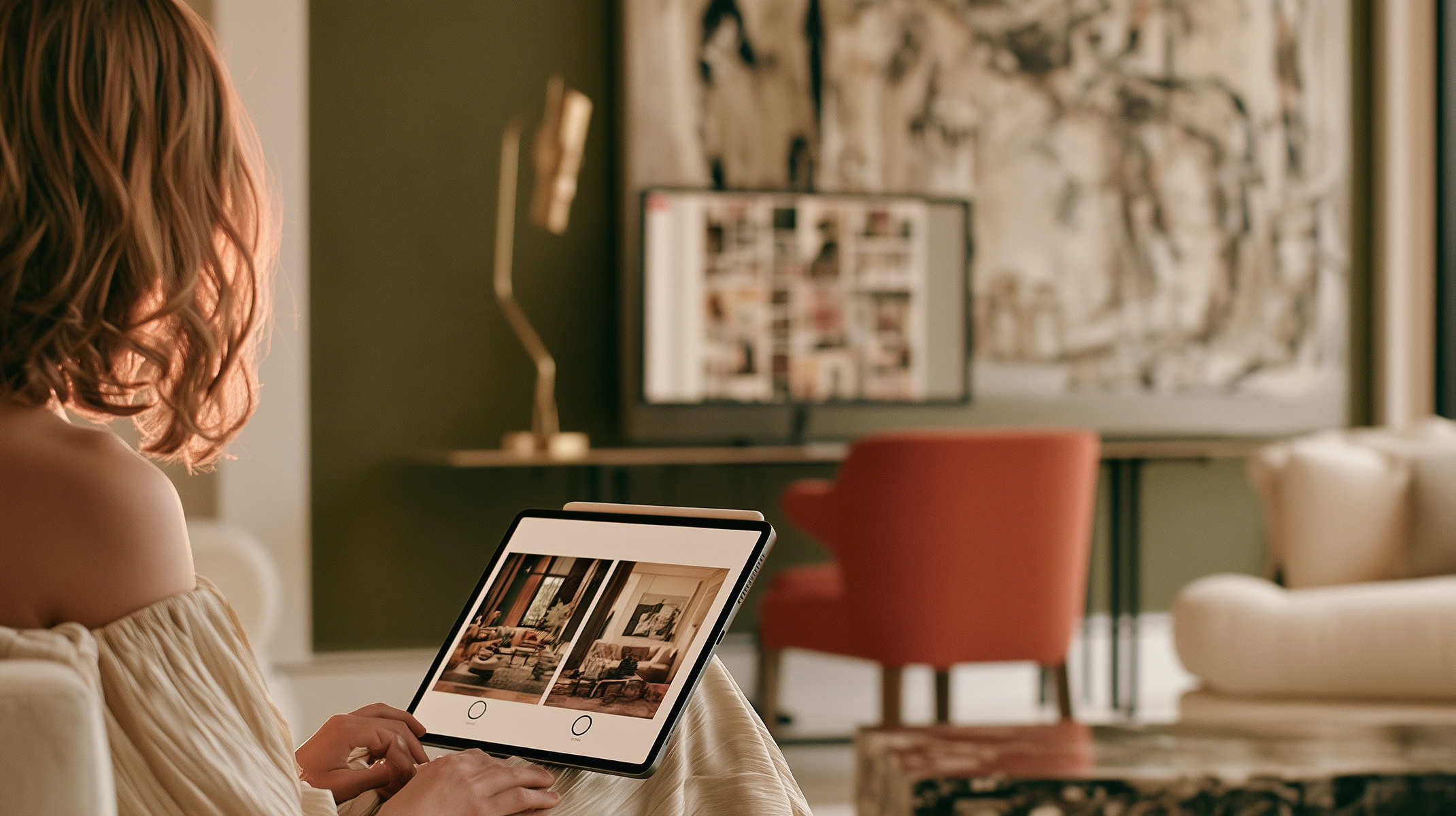 Woman sitting in a warm home office while taking an interior design style quiz on a tablet and comparing two room inspiration images. The space includes a coral desk chair, abstract wall art, a cream lounge chair, and soft natural light, creating a styled setting for a blog post about finding your interior design style beyond Pinterest.