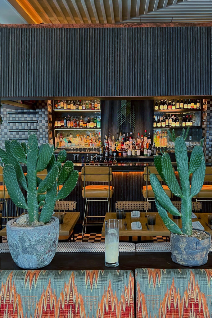 Cabrillo Bar at the Los Angeles Proper Hotel with two cactus planters in the foreground, patterned upholstery, wood tables, and a back bar filled with bottles. Black ribbed wall panels, checkerboard flooring, warm lighting, and brass-framed bar stools add texture and contrast to the restaurant interior.