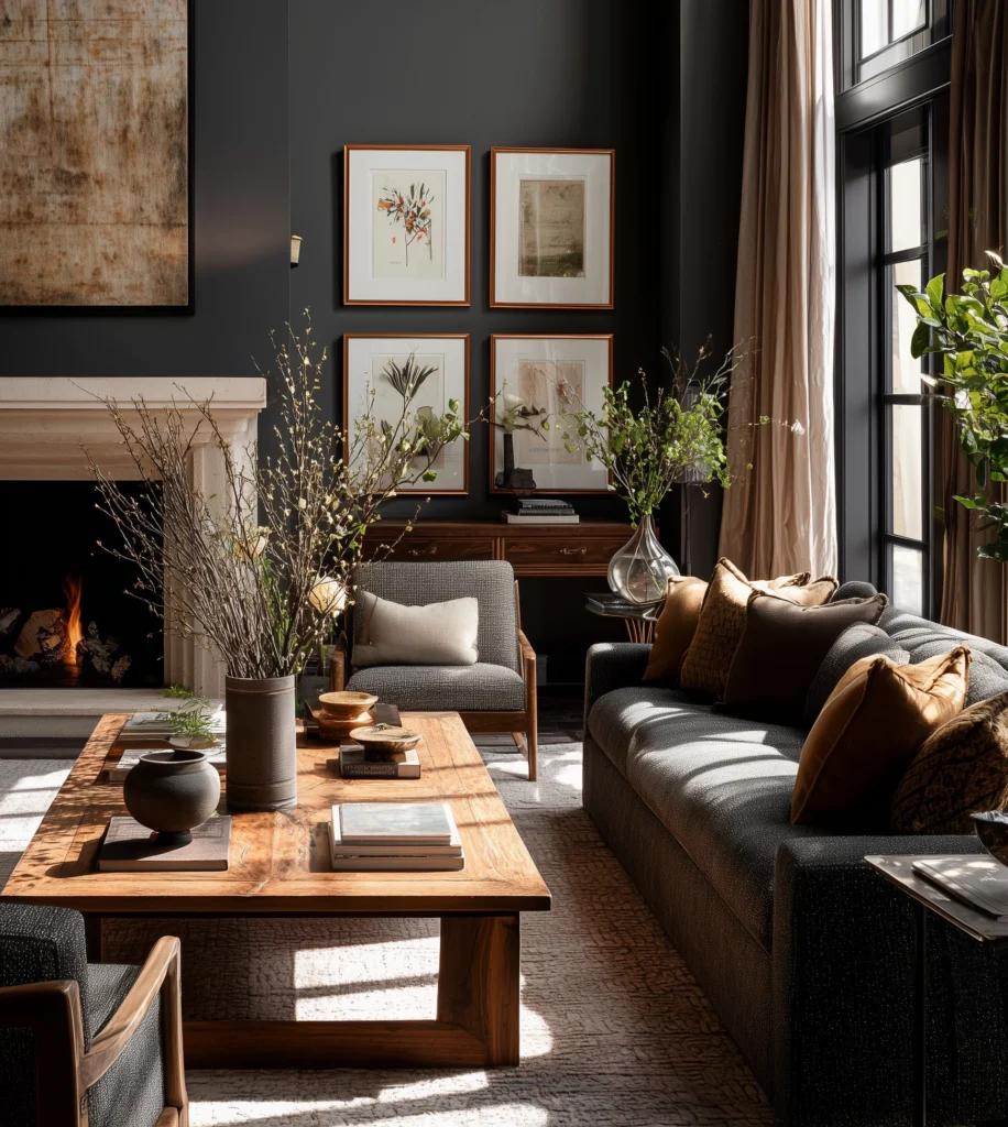 Organic modern living room with dark charcoal walls, a lit fireplace, tall black-framed windows, and layered natural wood furniture. A large rustic coffee table, neutral seating, warm brown pillows, framed botanical art, branches in ceramic vessels, and soft sunlight create a grounded, refined interior.
