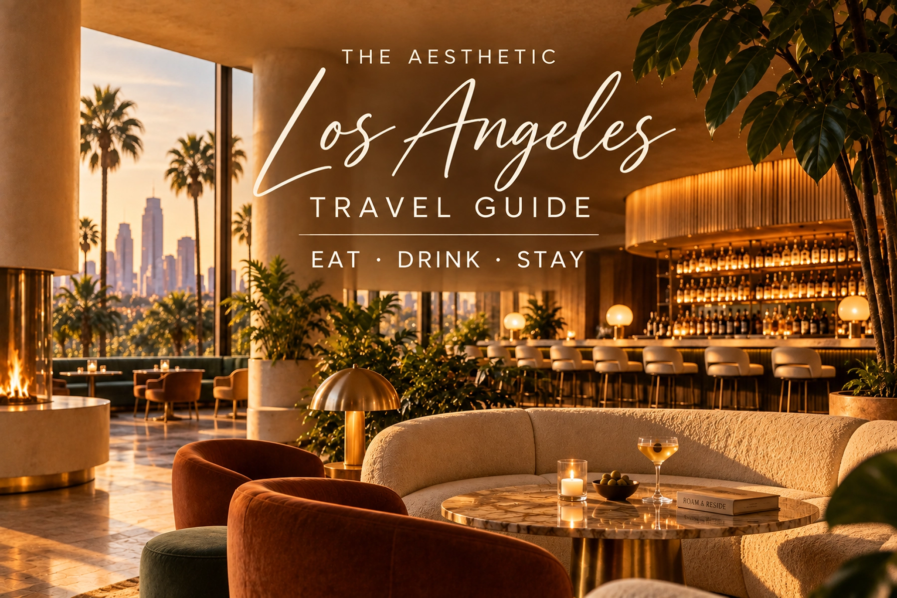 Cover graphic for the Roam and Reside "Aesthetic Los Angeles Travel Guide” with the words “Eat, Drink, Stay” over a warm hotel bar and lounge scene at sunset. The image shows palm trees, a Los Angeles skyline view, glowing bar shelves, lounge seating, candlelight, and gold-toned lighting throughout the space.